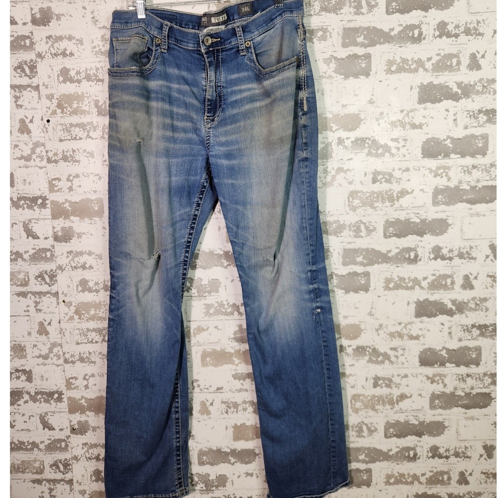 BKE Tyler Jeans Mens 34L Blue Straight Leg Distressed Denim Western Rugged Style
